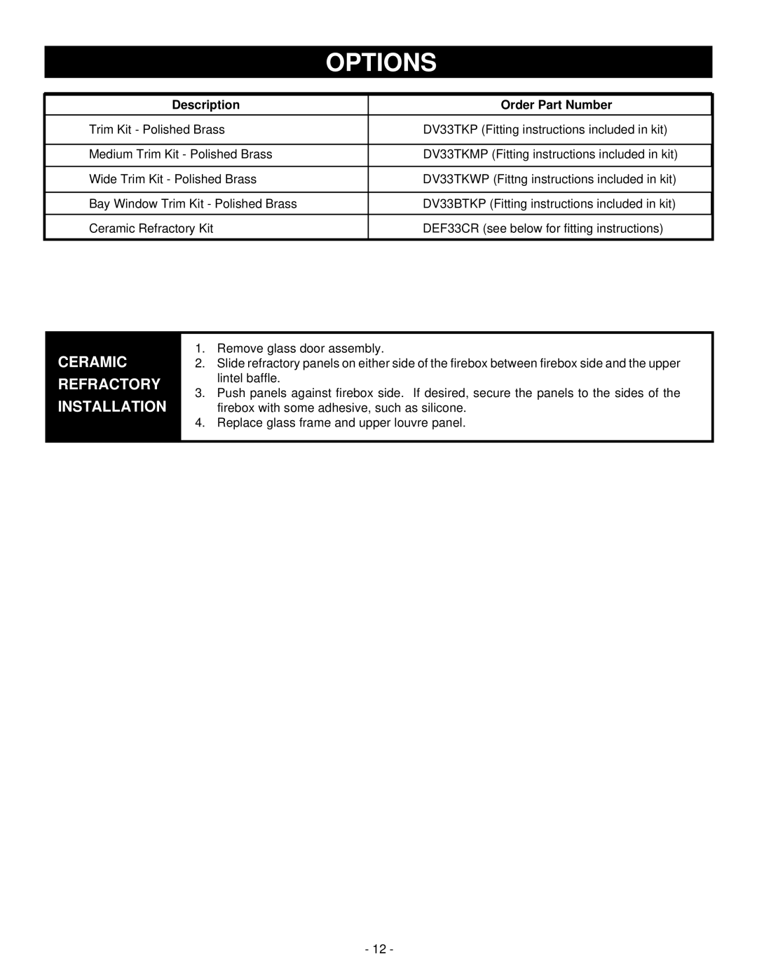 Vermont Casting DEF33CE installation instructions Options, Ceramic Refractory Installation, Description Order Part Number 