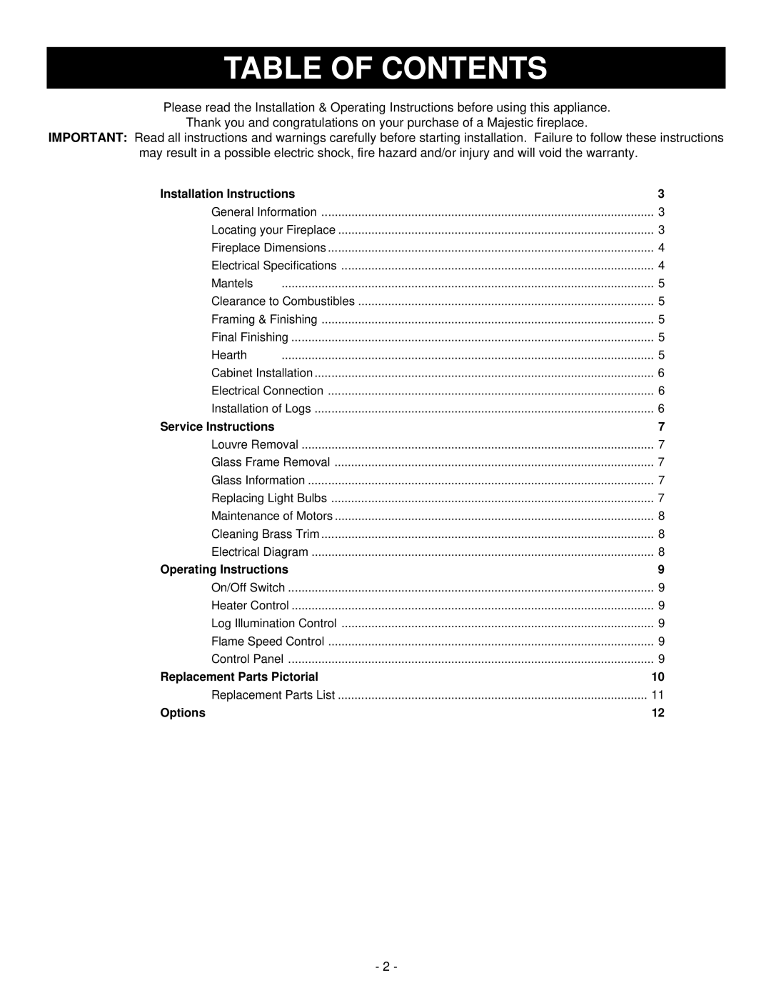 Vermont Casting DEF33CE installation instructions Table of Contents 