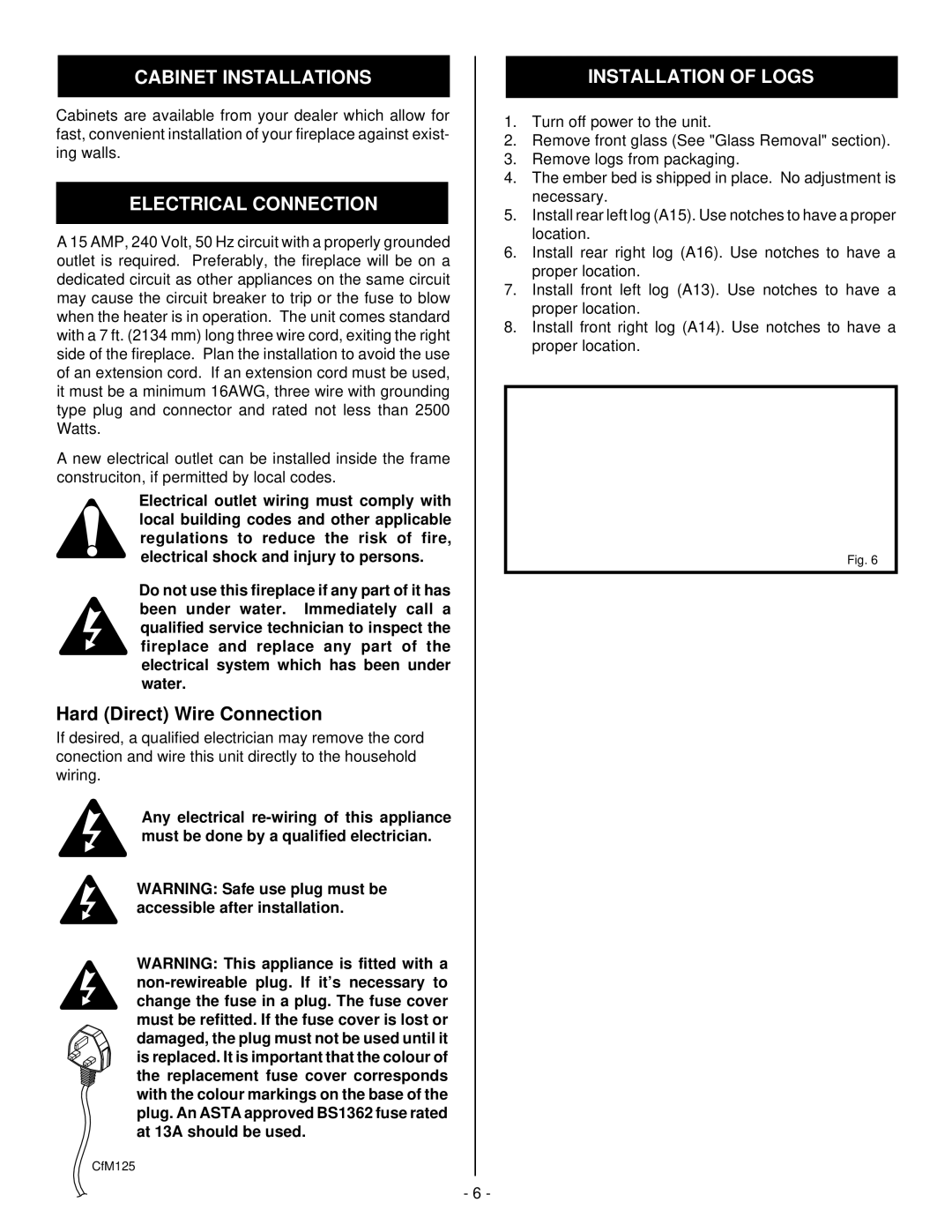 Vermont Casting DEF33CE installation instructions Cabinet Installations, Electrical Connection, Installation of Logs 