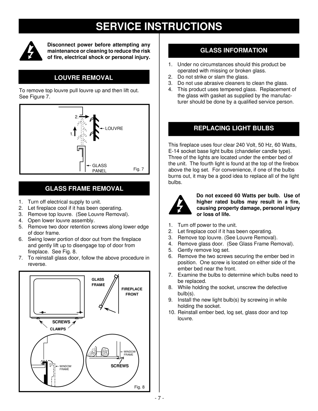 Vermont Casting DEF33CE Service Instructions, Louvre Removal, Glass Frame Removal, Glass Information 