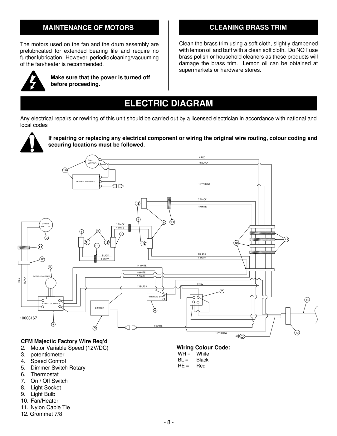 Vermont Casting DEF33CE Maintenance of Motors, Cleaning Brass Trim, CFM Majectic Factory Wire Reqd, Wiring Colour Code 