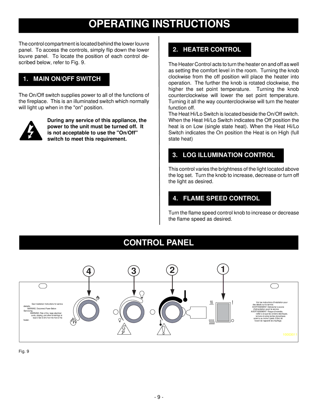 Vermont Casting DEF33CE Operating Instructions, Main ON/OFF Switch, Heater Control, LOG Illumination Control 