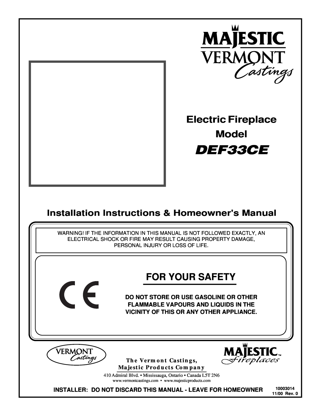 Vermont Casting DEF33CE installation instructions Electric Fireplace Model, For Your Safety 