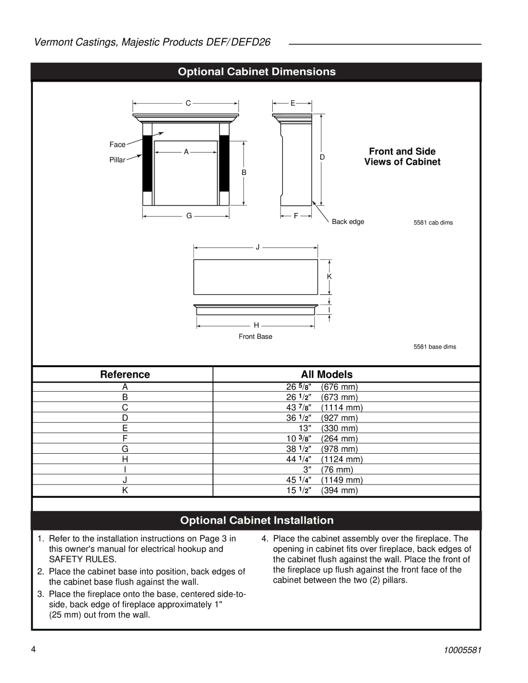 Vermont Casting DEFD26 manual Optional Cabinet Dimensions, Optional Cabinet Installation 