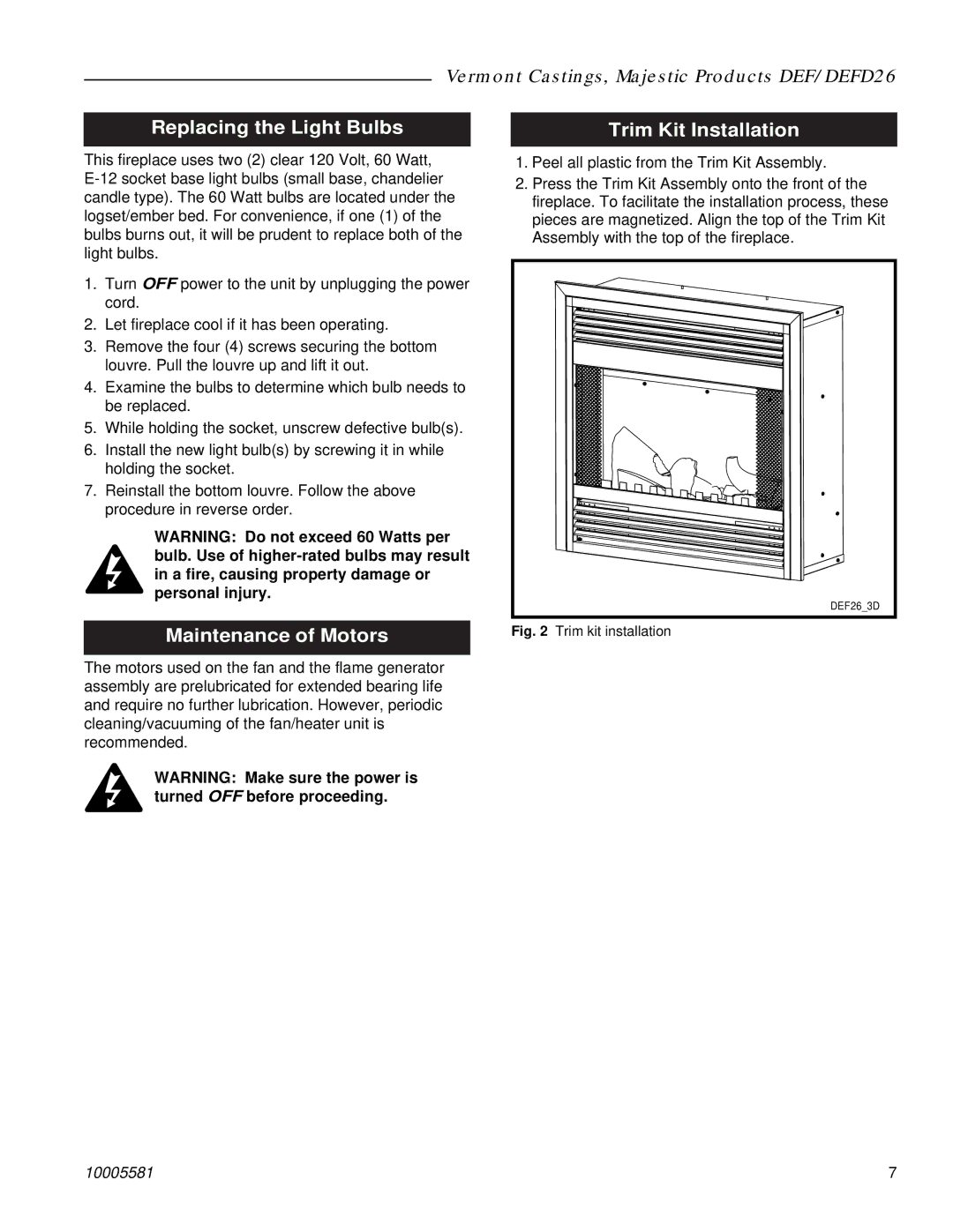 Vermont Casting DEFD26 manual Replacing the Light Bulbs, Maintenance of Motors, Trim Kit Installation 