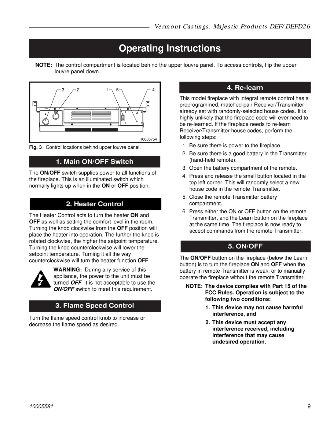 Vermont Casting DEFD26 manual Operating Instructions, Main ON/OFF Switch, Heater Control, Flame Speed Control, Re-learn 