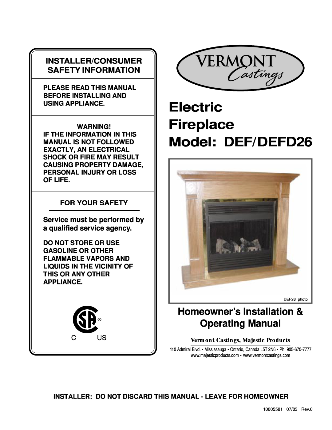 Vermont Casting manual Electric Fireplace Model DEF/DEFD26, Homeowner’s Installation & Operating Manual 