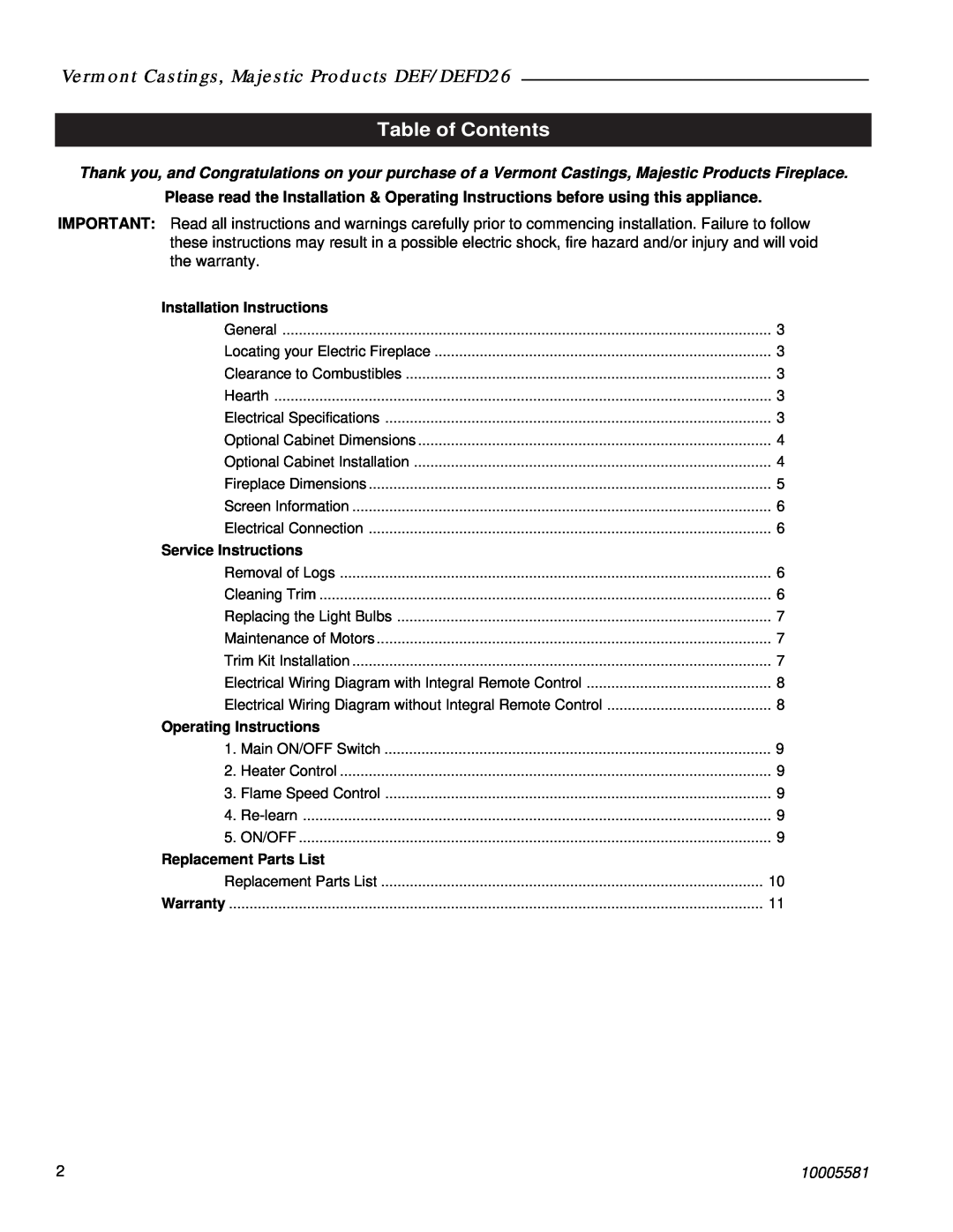 Vermont Casting manual Vermont Castings, Majestic Products DEF/DEFD26, Table of Contents, 10005581 