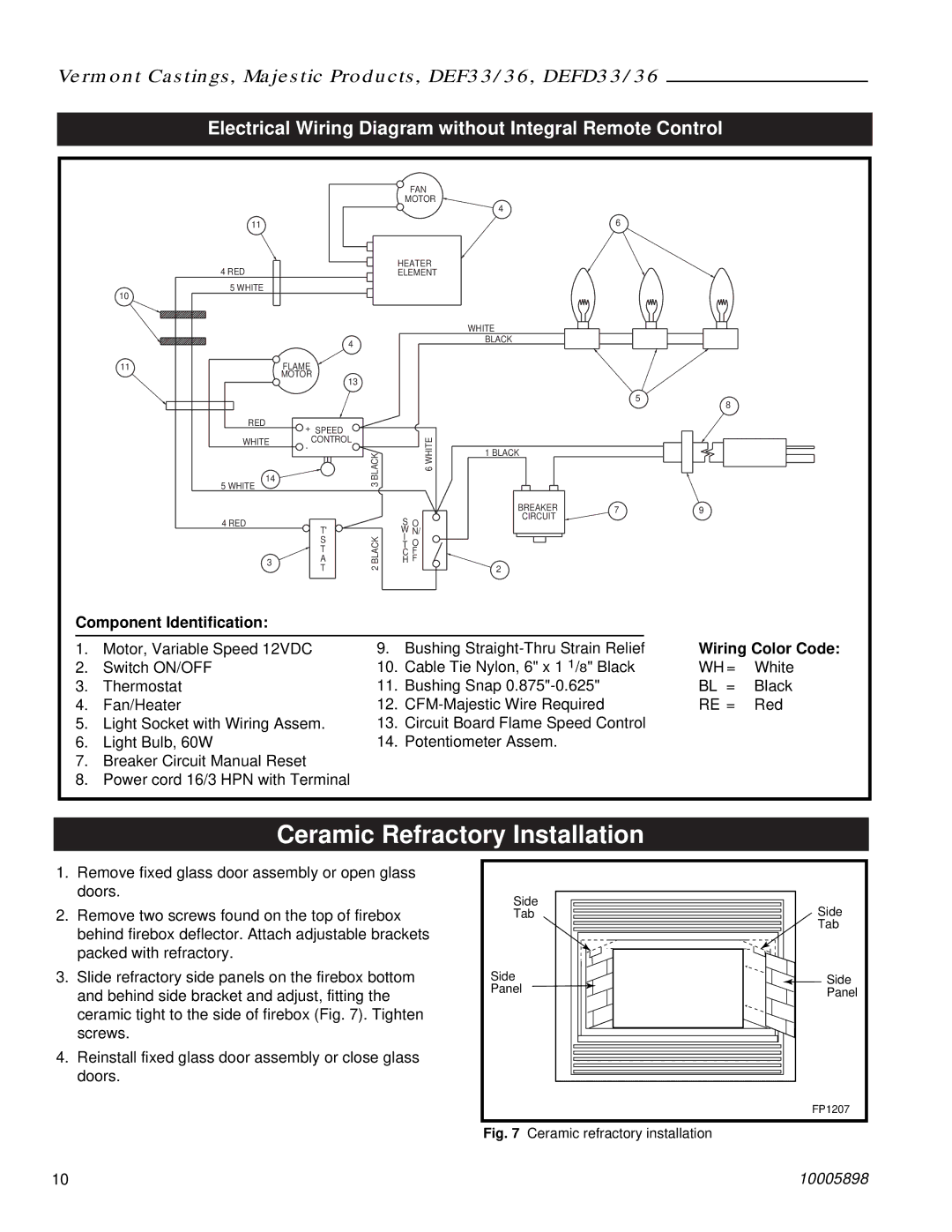 Vermont Casting DEFD36, DEF33 Ceramic Refractory Installation, Electrical Wiring Diagram without Integral Remote Control 