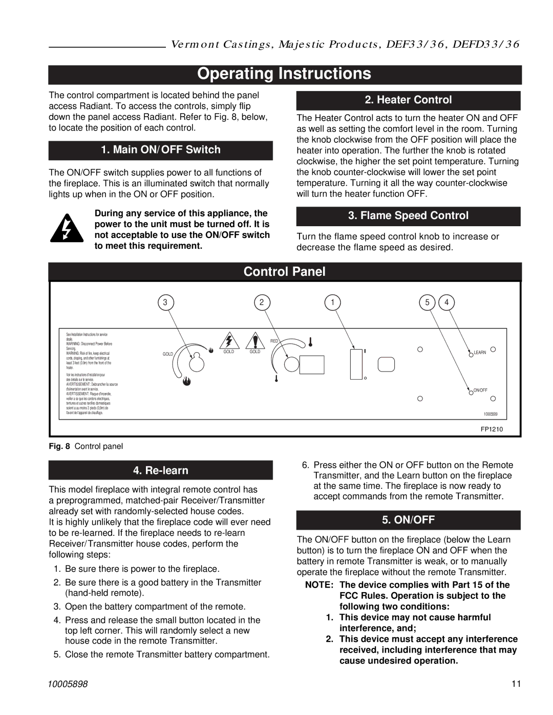 Vermont Casting DEF33, DEFD36 Operating Instructions, Main ON/ OFF Switch, Heater Control, Flame Speed Control, Re-learn 