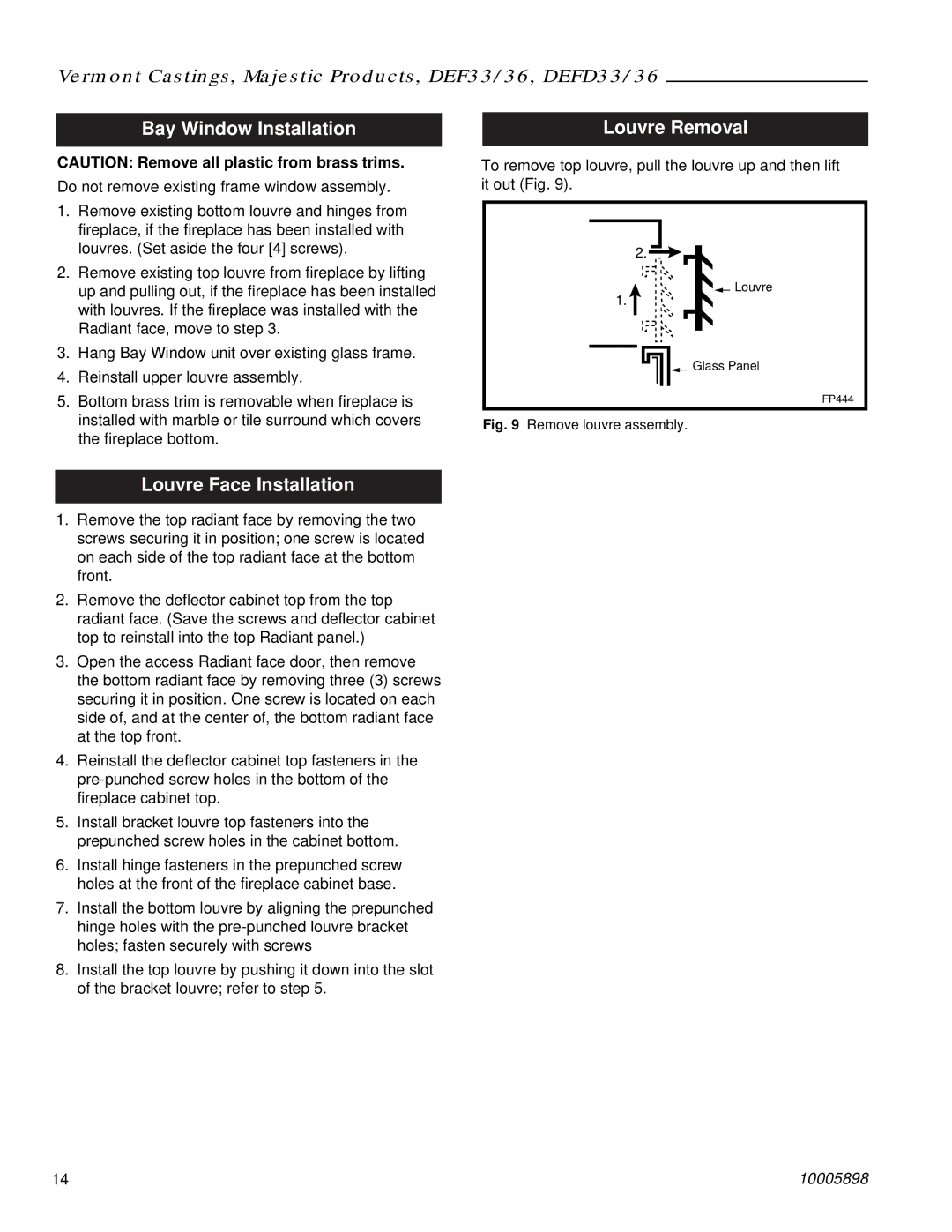 Vermont Casting DEFD36, DEF33 manual Bay Window Installation, Louvre Removal, Louvre Face Installation 