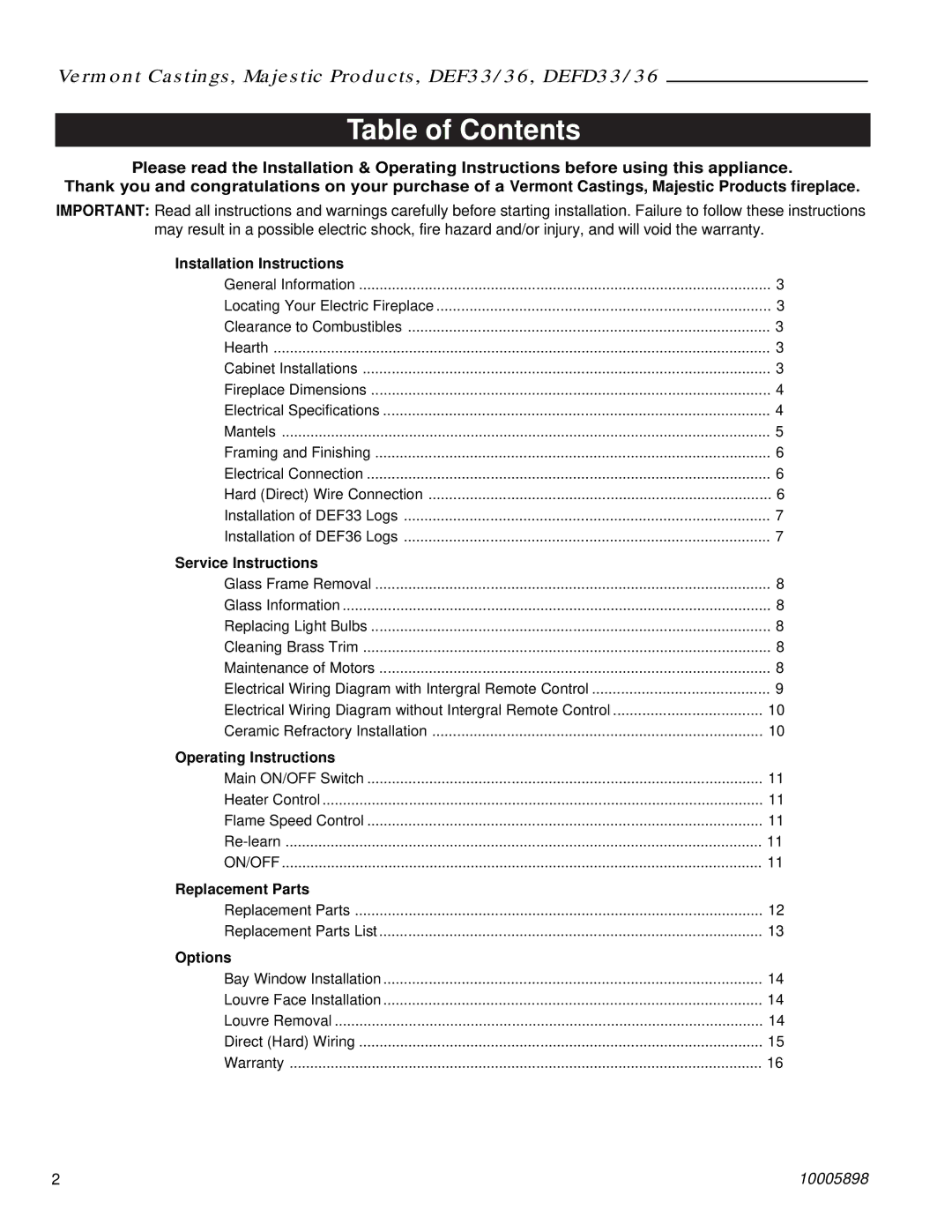 Vermont Casting DEFD36, DEF33 manual Table of Contents 