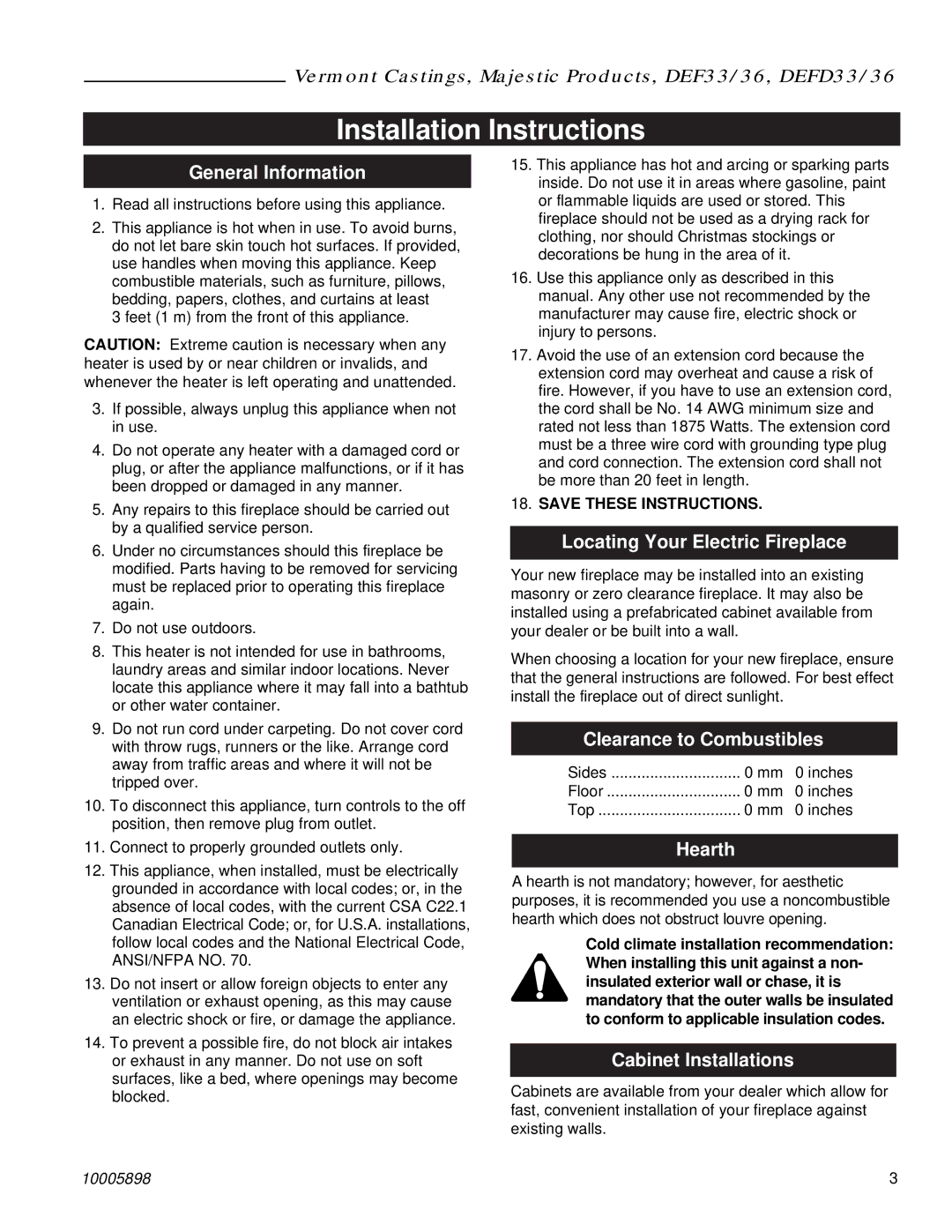 Vermont Casting DEF33, DEFD36 manual Installation Instructions 