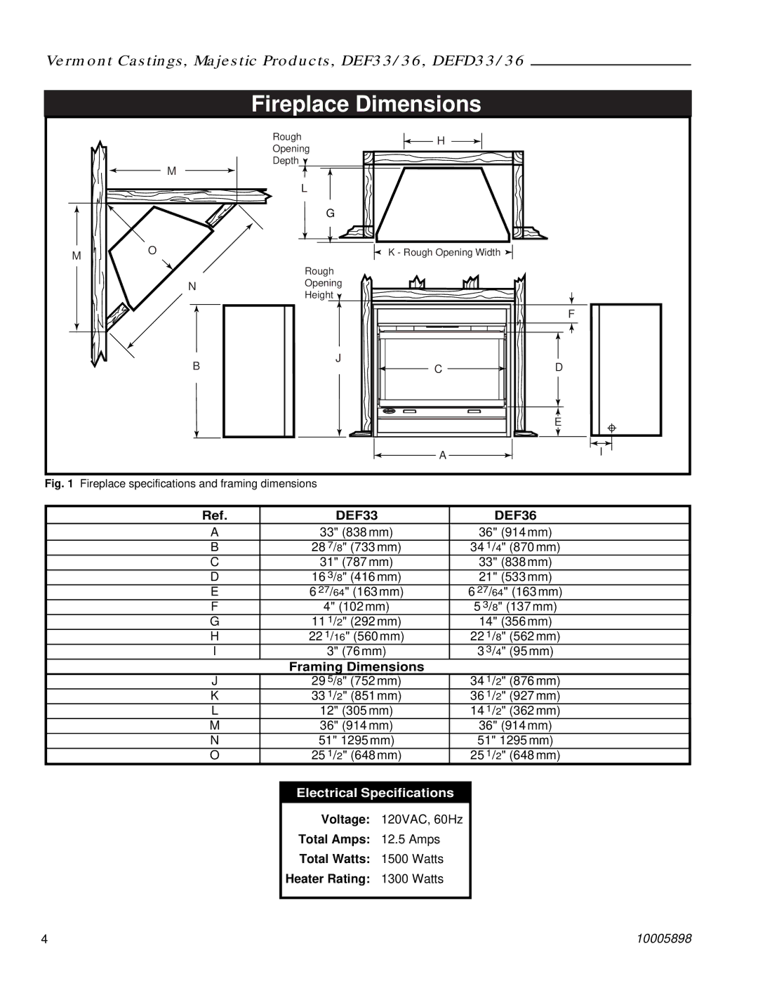 Vermont Casting DEFD36, DEF33 manual Fireplace Dimensions, Framing Dimensions 