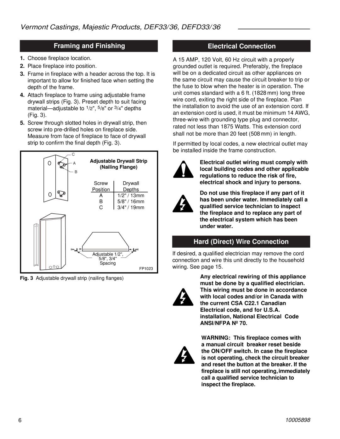 Vermont Casting DEFD36, DEF33 manual Framing and Finishing, Electrical Connection, Hard Direct Wire Connection 