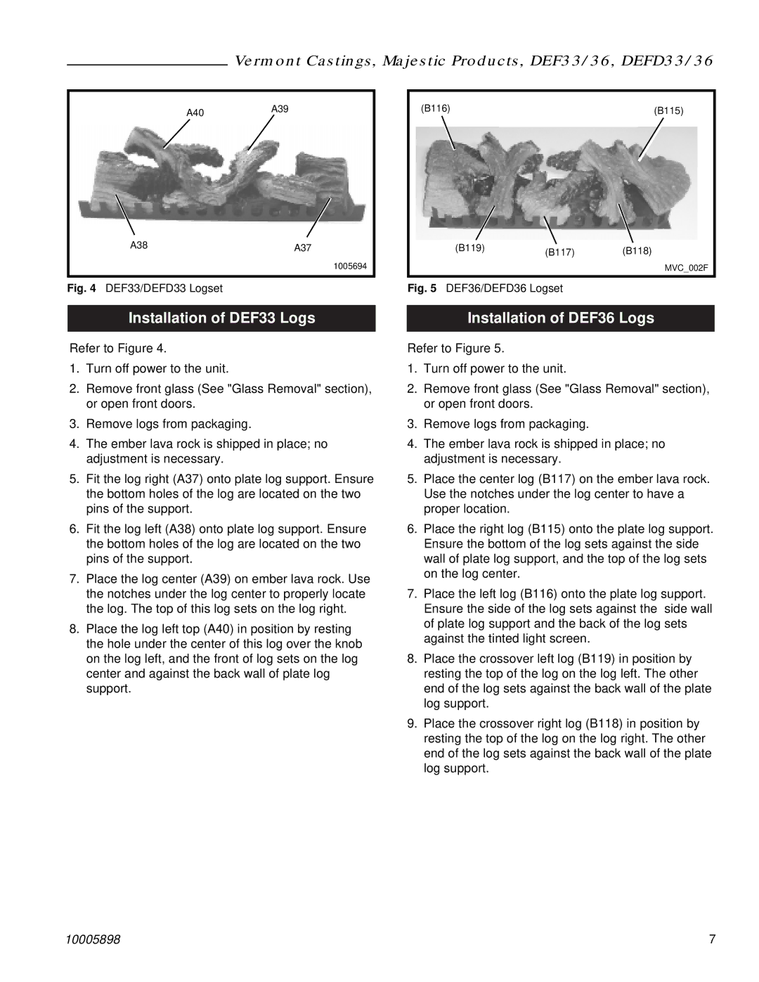Vermont Casting DEFD36 manual Installation of DEF33 Logs, Installation of DEF36 Logs 