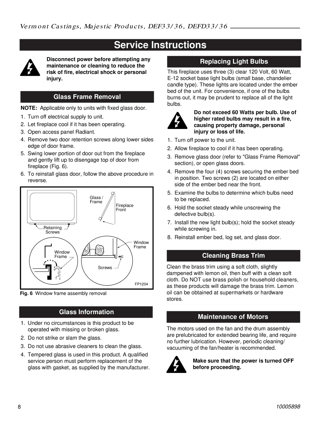 Vermont Casting DEFD36, DEF33 manual Service Instructions 