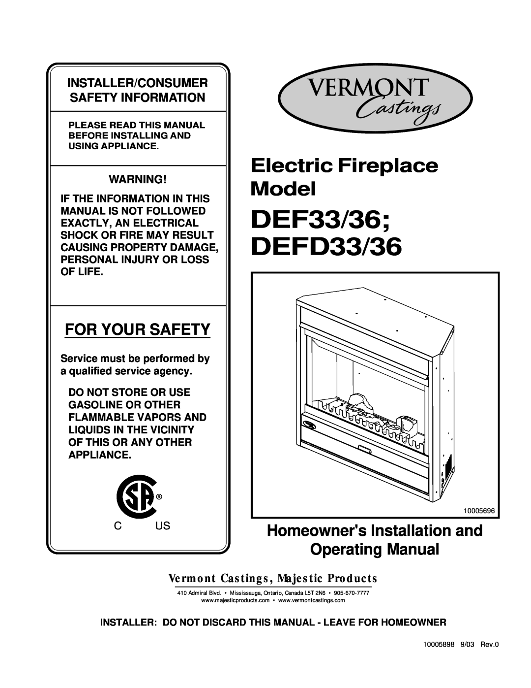 Vermont Casting DEFD36 manual For Your Safety, Homeowners Installation and Operating Manual, DEF33/36 DEFD33/36 