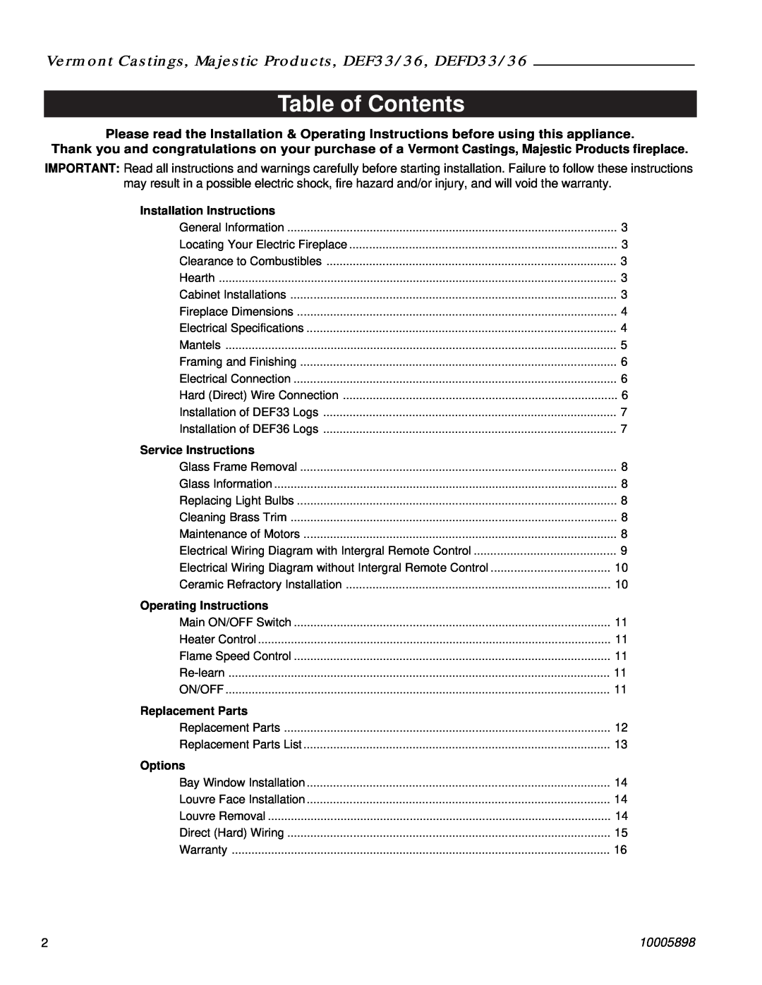 Vermont Casting DEFD36 Table of Contents, Installation Instructions, Service Instructions, Operating Instructions, Options 
