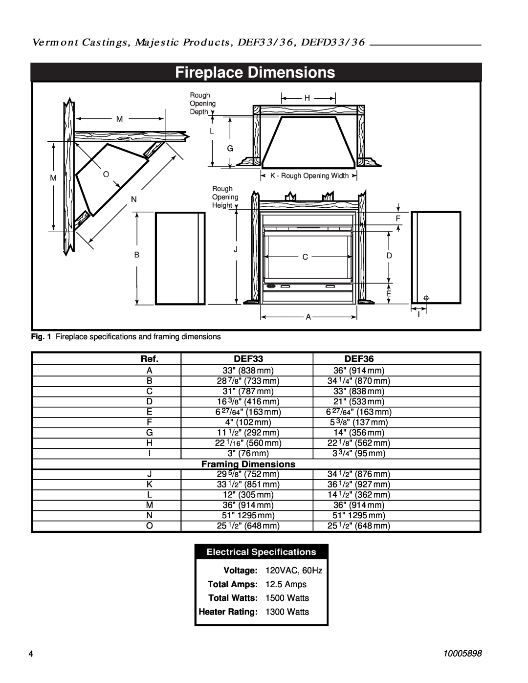 Vermont Casting DEFD36 manual Fireplace Dimensions, DEF33, DEF36, Framing Dimensions, Electrical Specifications, 10005898 