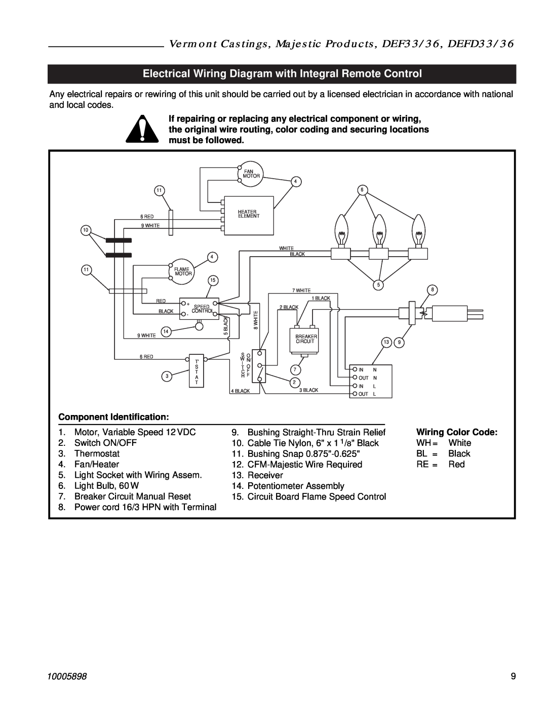 Vermont Casting DEF33, DEFD36 manual Component Identification, Wiring Color Code, 10005898 