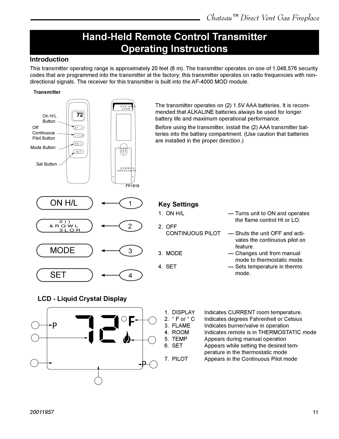 Vermont Casting DTV38s2 Hand-Held Remote Control Transmitter Operating Instructions, Introduction, Key Settings 