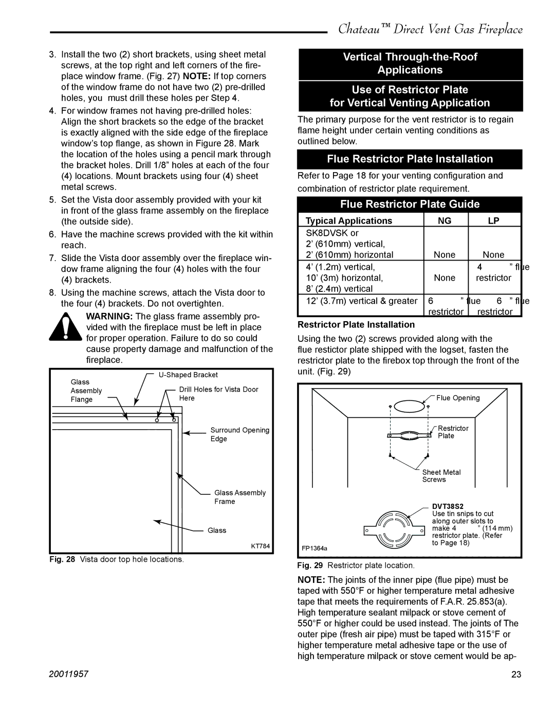 Vermont Casting DTV38s2 Flue Restrictor Plate Installation, Flue Restrictor Plate Guide, Typical Applications 