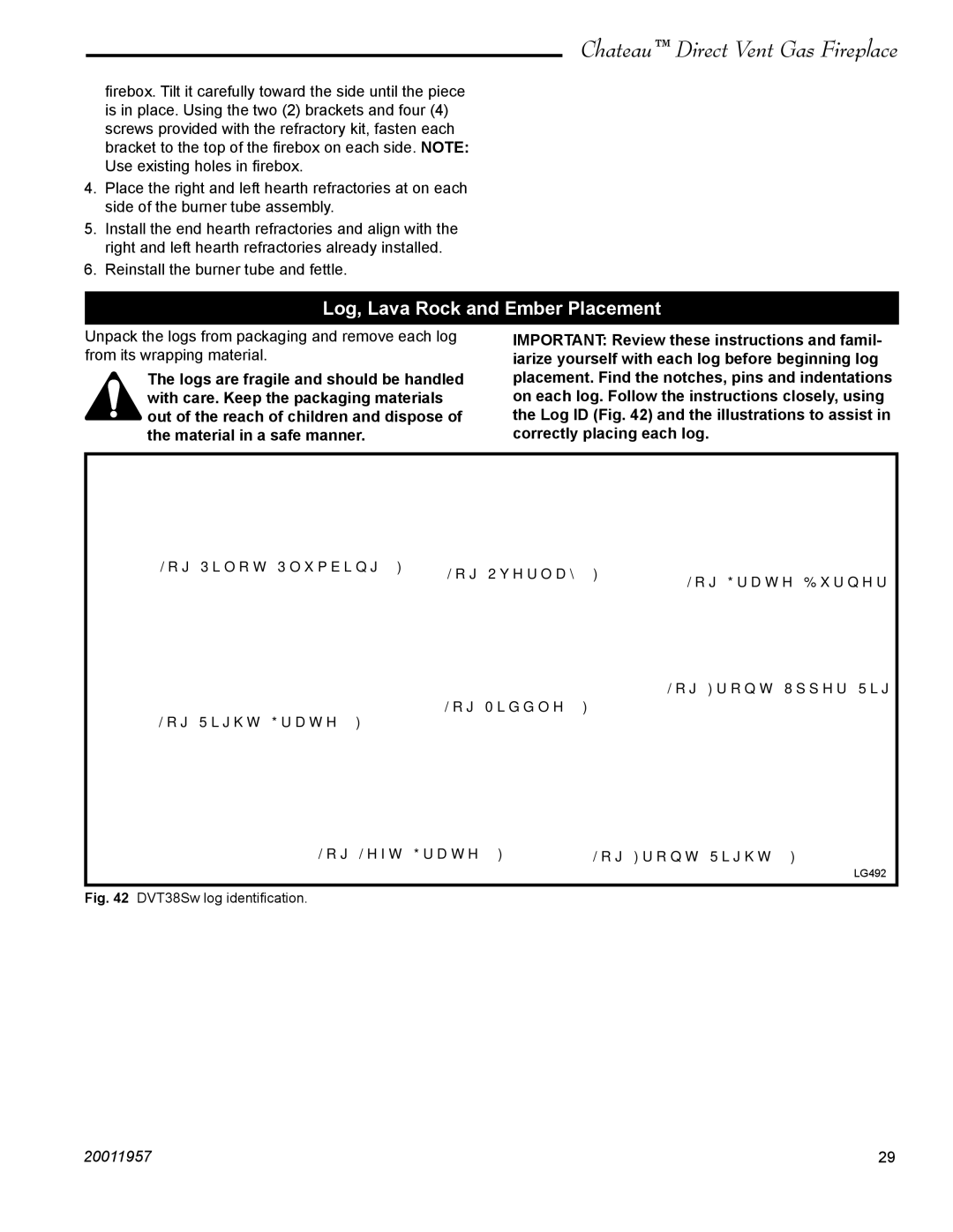 Vermont Casting DTV38s2 installation instructions Log, Lava Rock and Ember Placement, DVT38Sw log identiﬁcation 