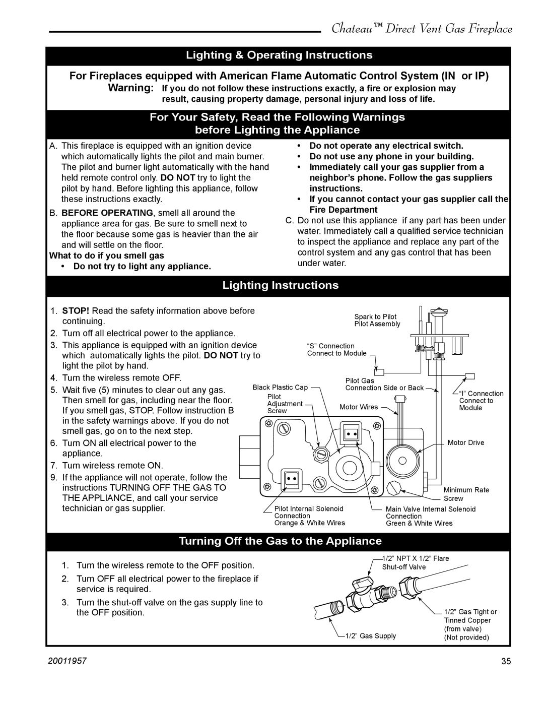 Vermont Casting DTV38s2 Lighting & Operating Instructions, Lighting Instructions, Turning Off the Gas to the Appliance 