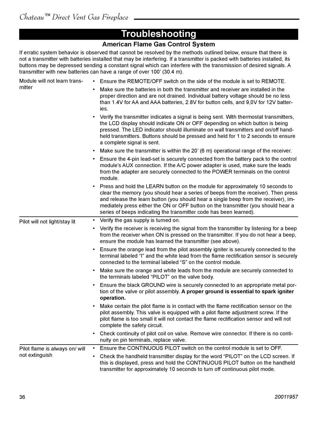 Vermont Casting DTV38s2 installation instructions Troubleshooting, American Flame Gas Control System, Operation 