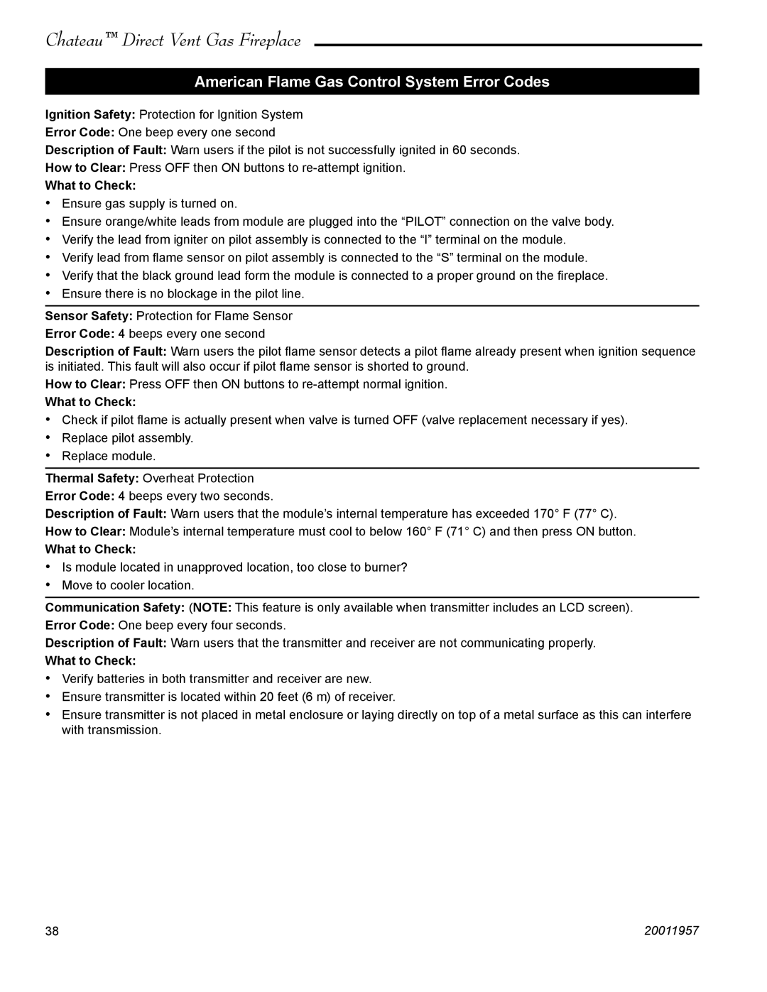 Vermont Casting DTV38s2 installation instructions American Flame Gas Control System Error Codes, What to Check 