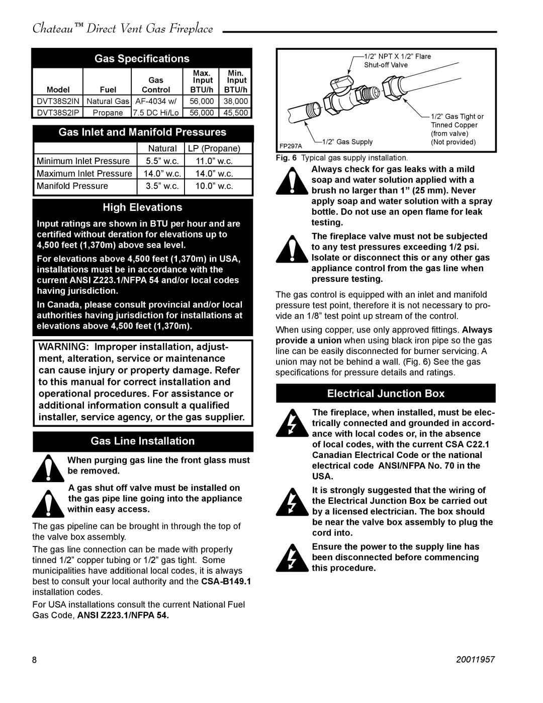 Vermont Casting DTV38s2 Gas Speciﬁcations, Gas Inlet and Manifold Pressures, High Elevations, Gas Line Installation 