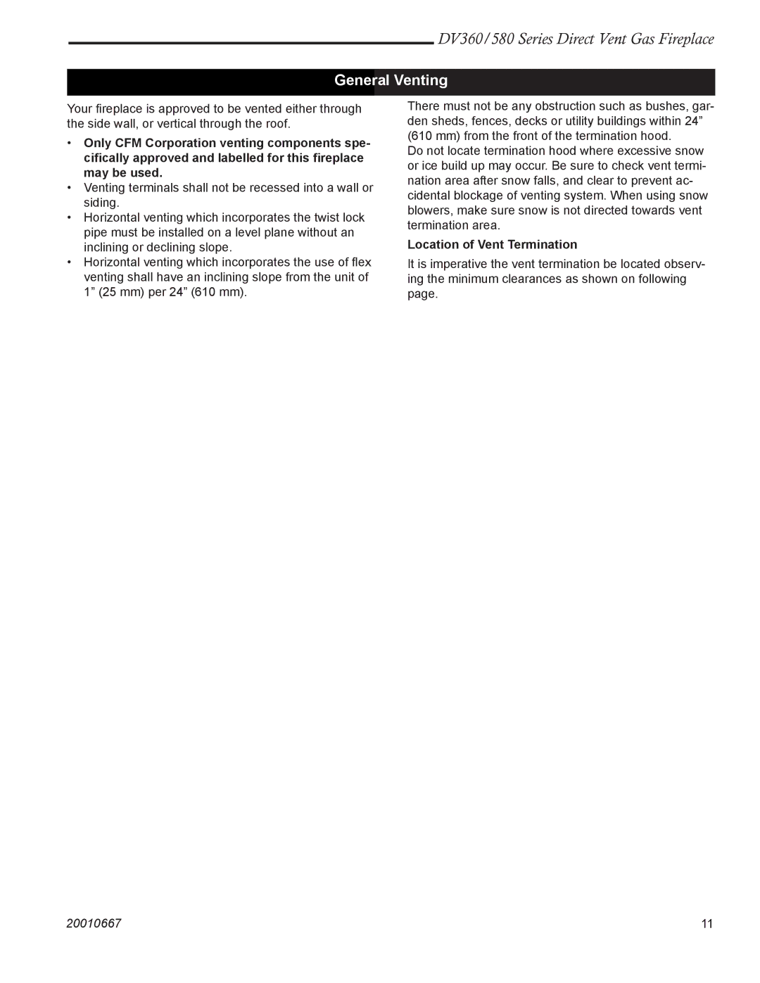 Vermont Casting DV580, DV360 manual General Venting, Location of Vent Termination 