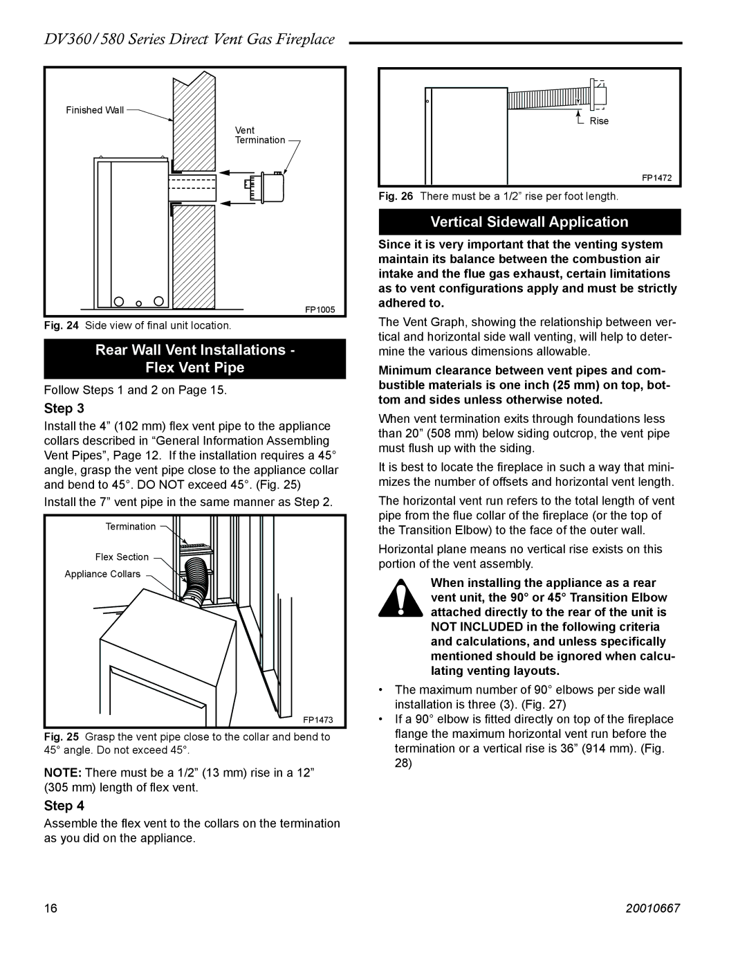 Vermont Casting DV580, DV360 manual Rear Wall Vent Installations Flex Vent Pipe, Vertical Sidewall Application 