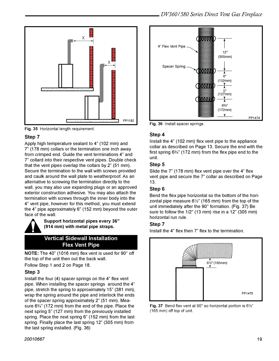 Vermont Casting DV580, DV360 manual Vertical Sidewall Installation Flex Vent Pipe, Horizontal length requirement 