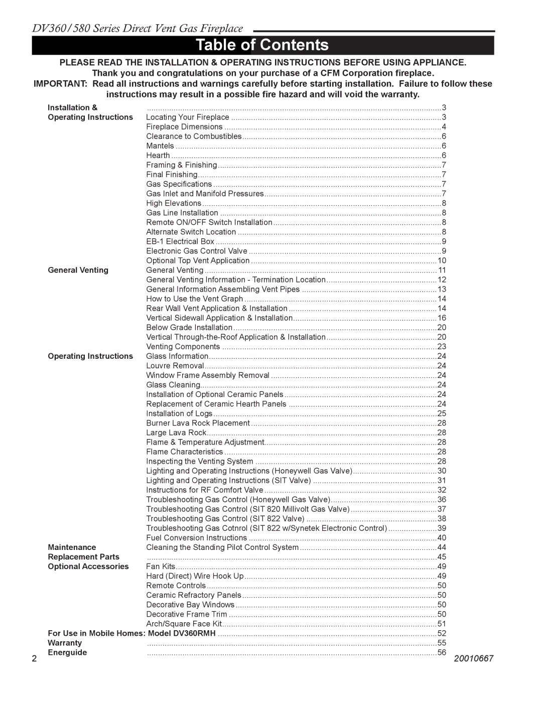 Vermont Casting DV580, DV360 manual Table of Contents 