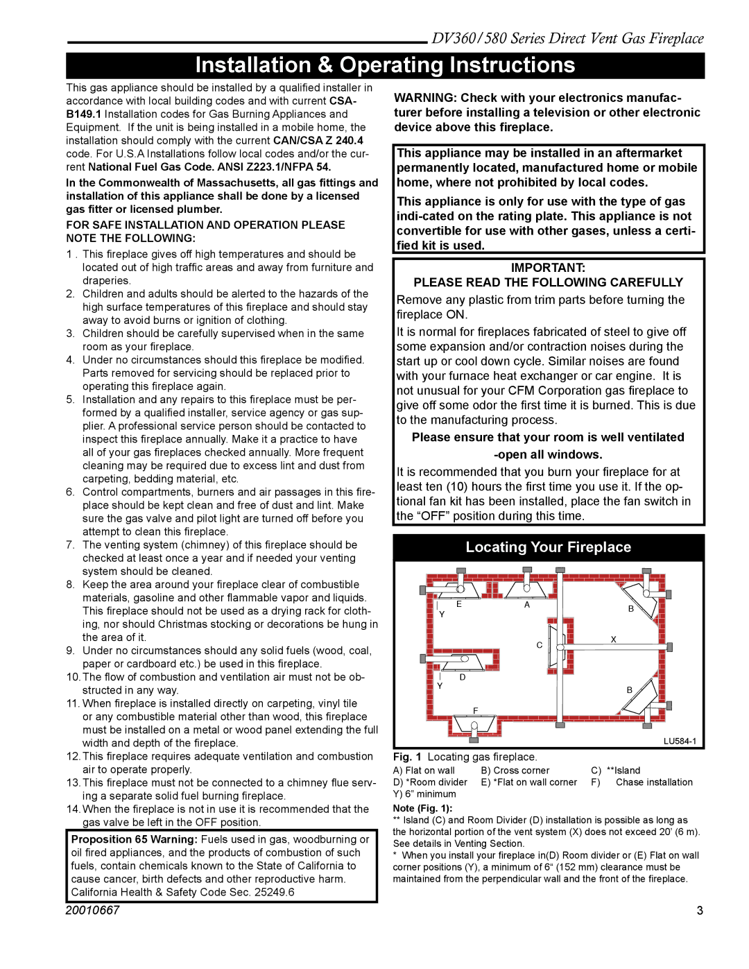 Vermont Casting DV580, DV360 manual Installation & Operating Instructions, Locating Your Fireplace 