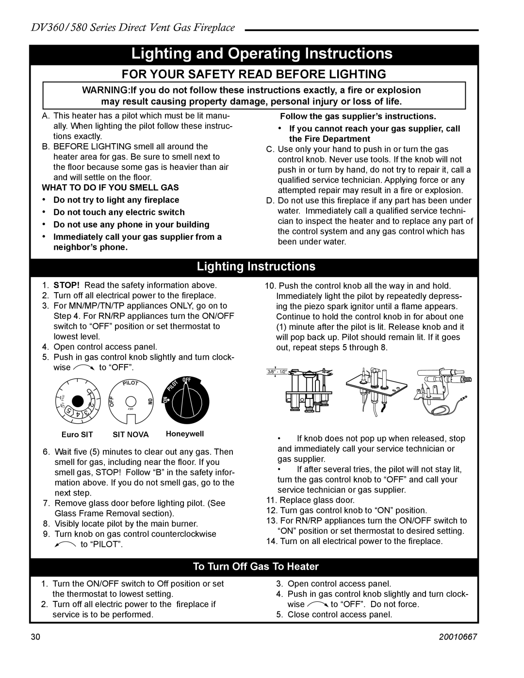 Vermont Casting DV580, DV360 manual Lighting and Operating Instructions, To Turn Off Gas To Heater 