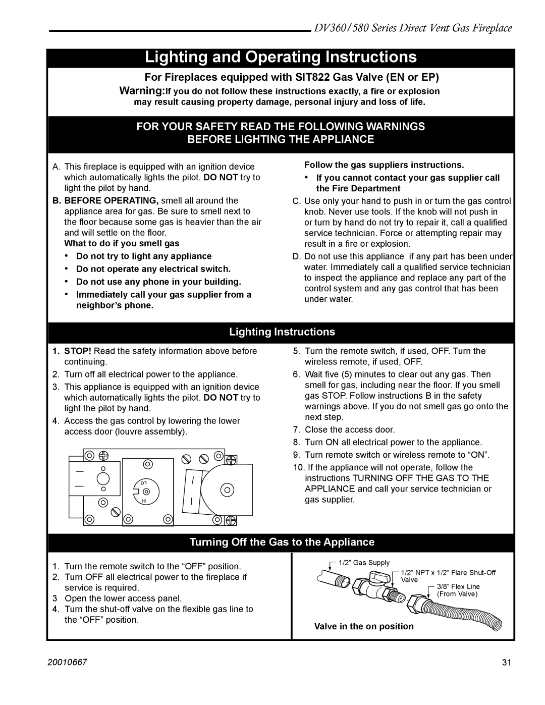 Vermont Casting DV580, DV360 manual Lighting Instructions, Turning Off the Gas to the Appliance, Valve in the on position 