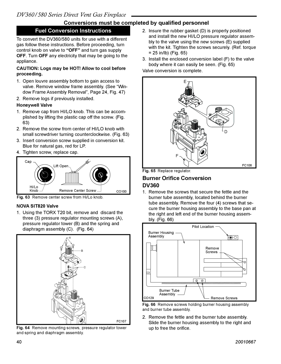 Vermont Casting DV360 Conversions must be completed by qualiﬁed personnel, Fuel Conversion Instructions, Honeywell Valve 