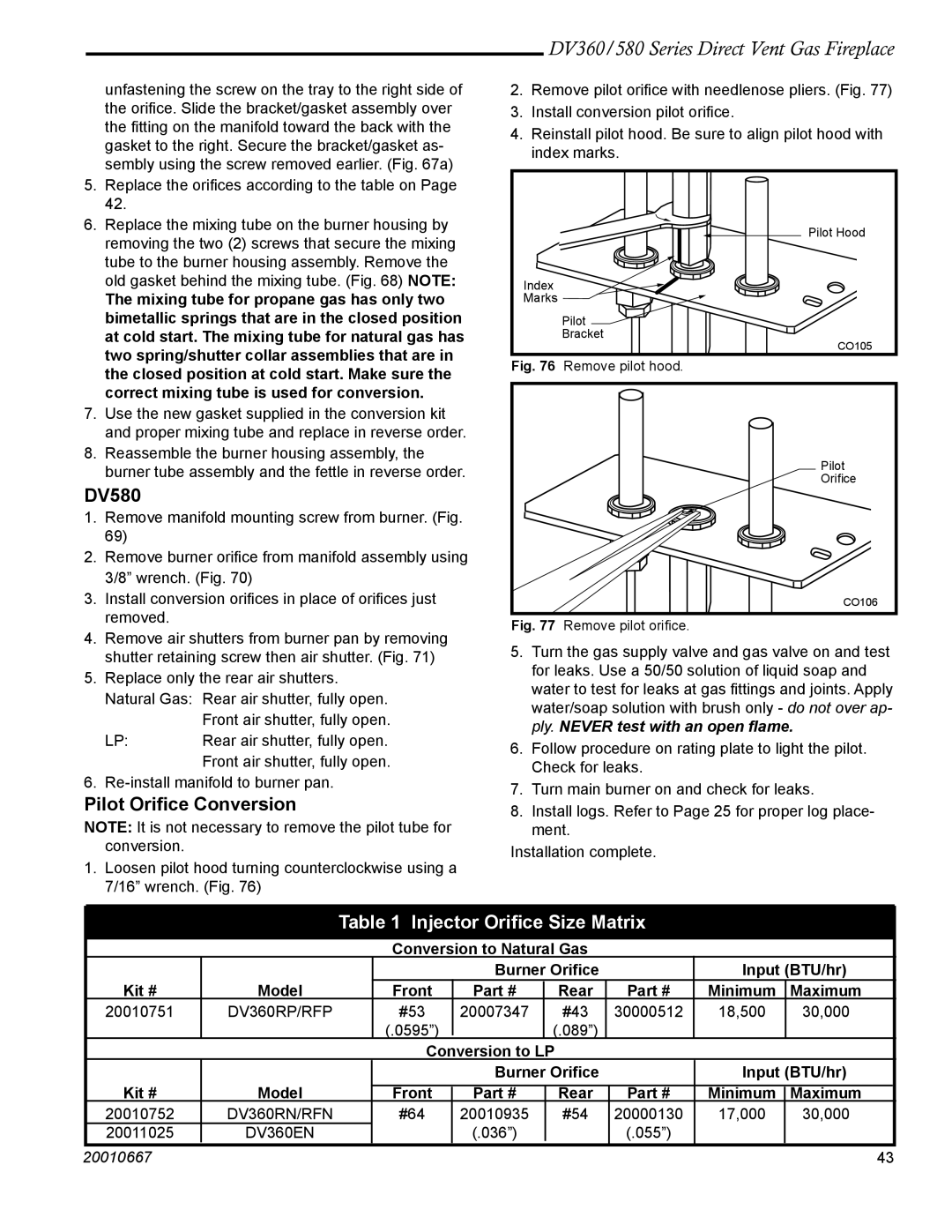 Vermont Casting DV580, DV360 manual Injector Oriﬁce Size Matrix 