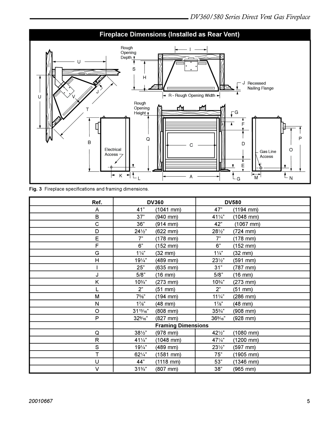 Vermont Casting DV580, DV360 manual Fireplace Dimensions Installed as Rear Vent, Framing Dimensions 