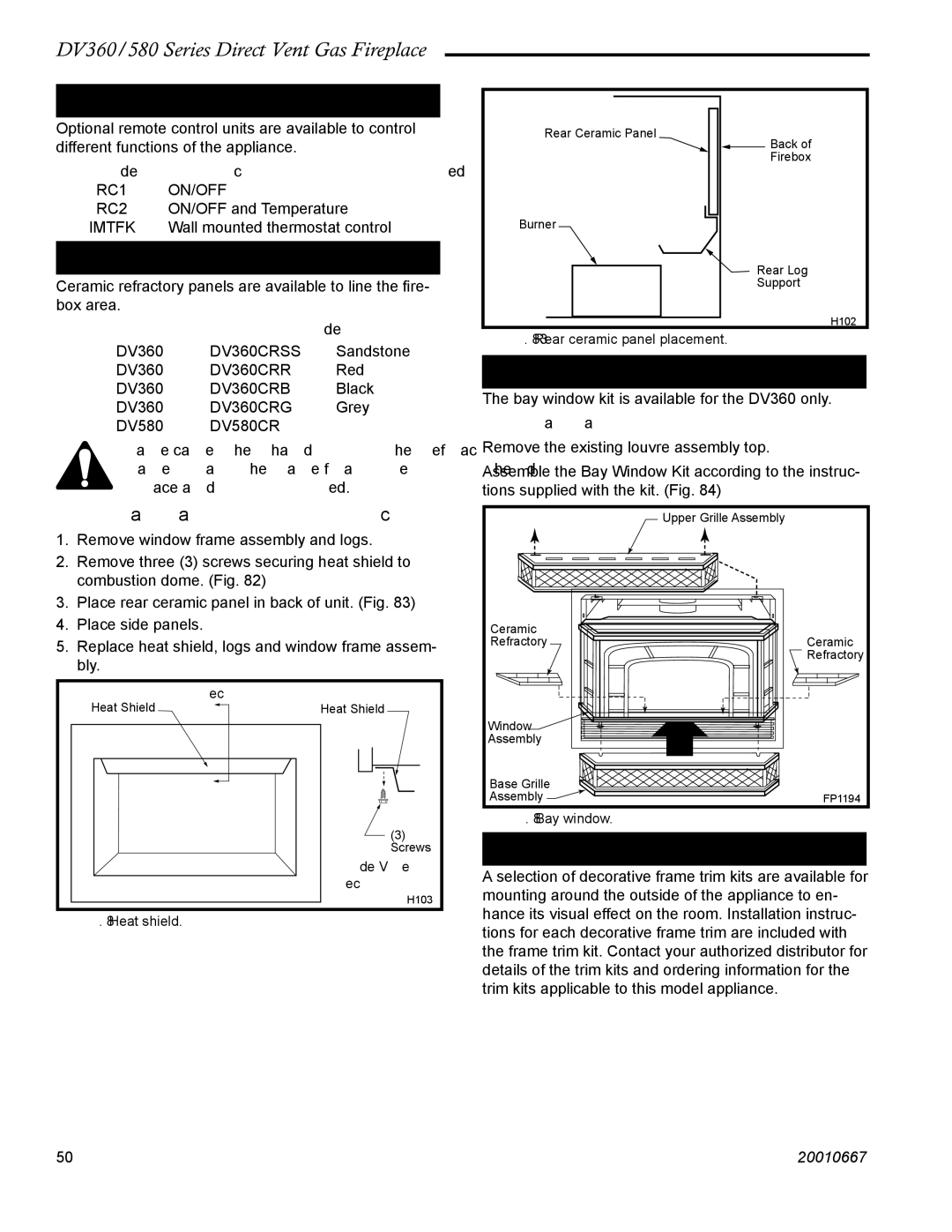 Vermont Casting DV360 manual Remote Controls, Ceramic Refractory Panels, Installation Instructions, Decorative Bay Windows 