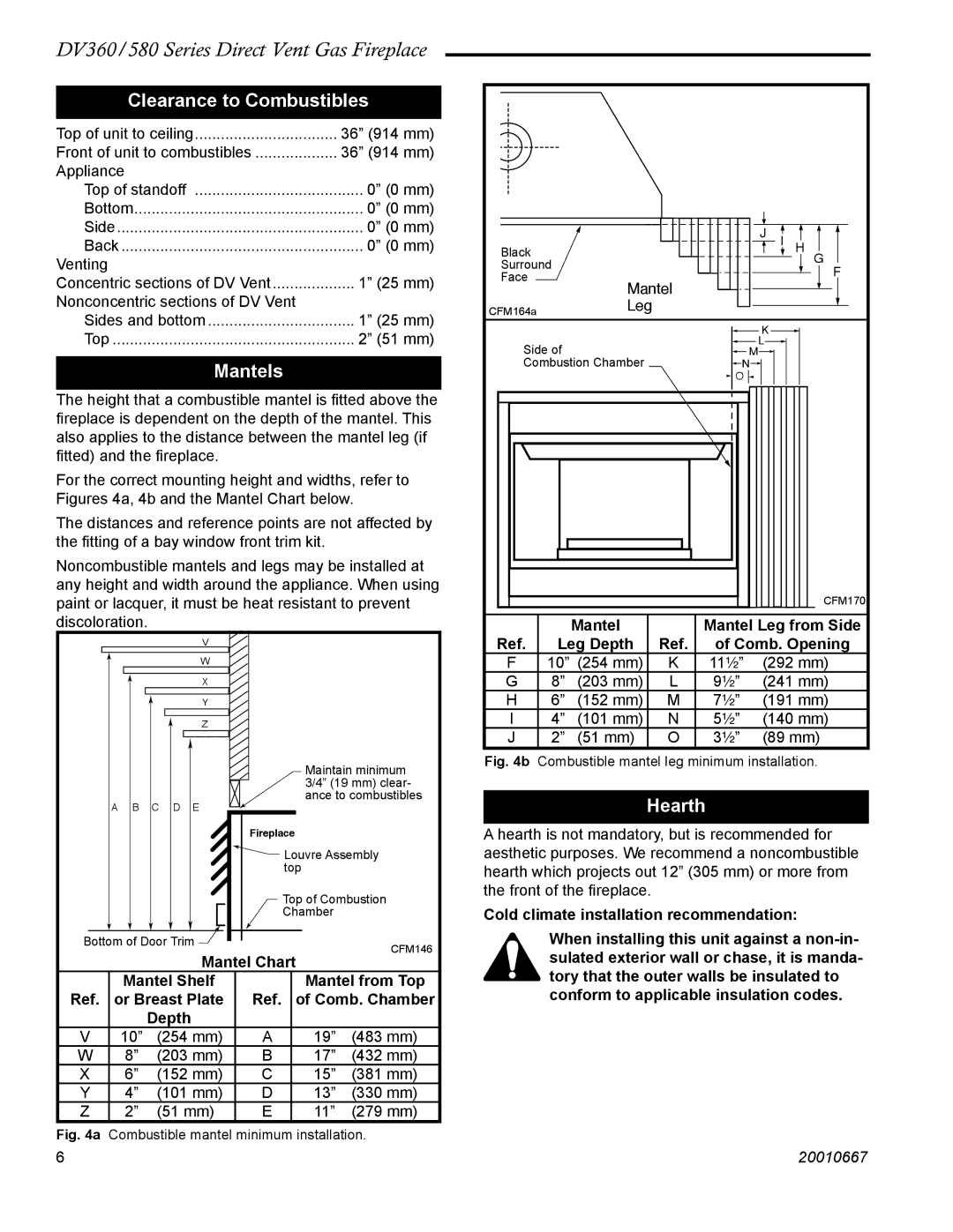 Vermont Casting DV580, DV360 manual Clearance to Combustibles, Mantels, Hearth 