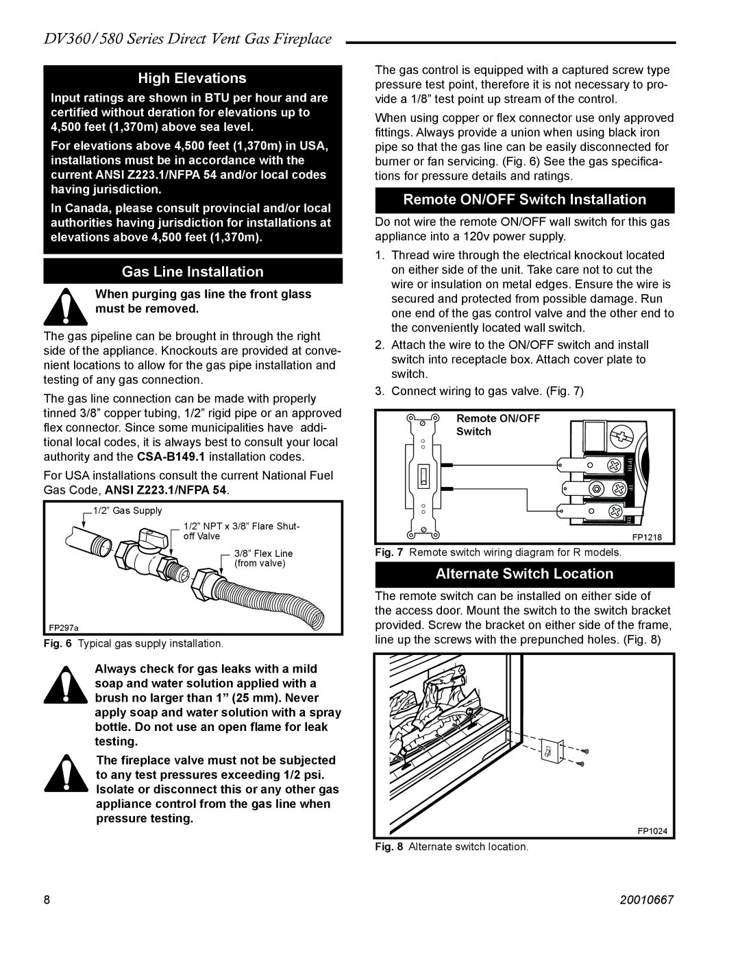 Vermont Casting DV360 High Elevations, Gas Line Installation, Remote ON/OFF Switch Installation, Alternate Switch Location 