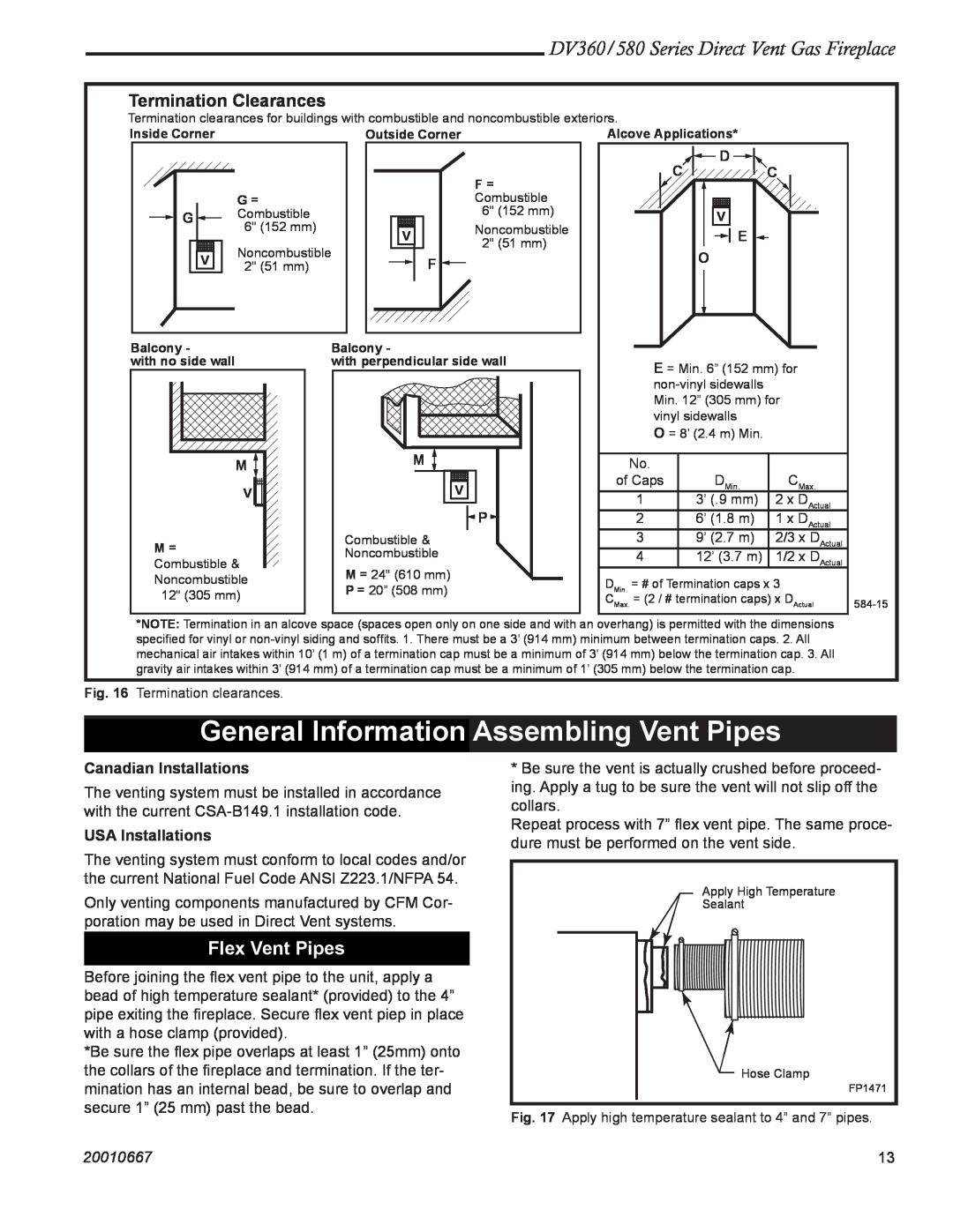 Vermont Casting DV580, DV360 General Information Assembling Vent Pipes, Flex Vent Pipes, Termination Clearances, D C C 