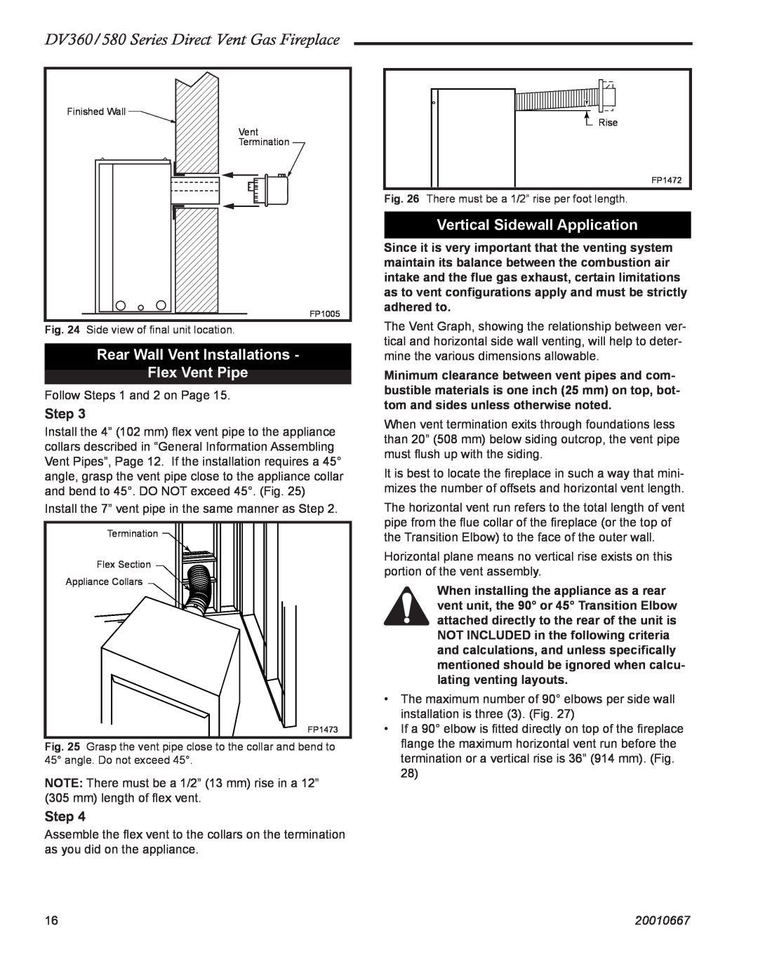 Vermont Casting DV360 manual Rear Wall Vent Installations Flex Vent Pipe, Vertical Sidewall Application, Step, 20010667 