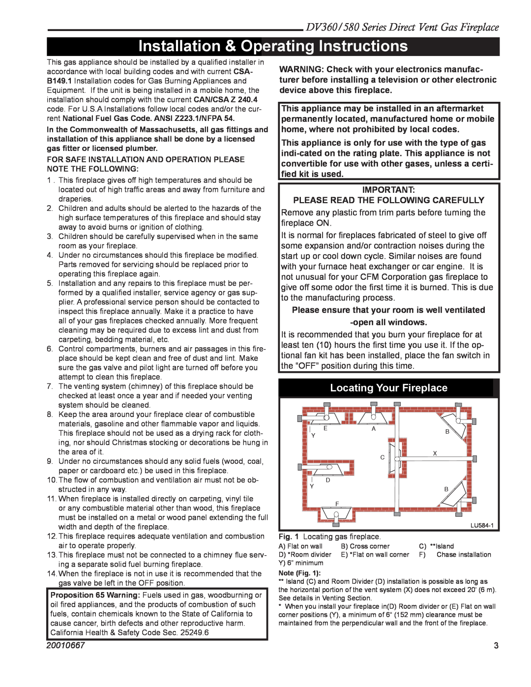 Vermont Casting DV580, DV360 manual Installation & Operating Instructions, Locating Your Fireplace, 20010667 