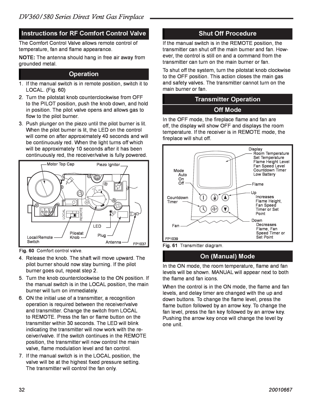 Vermont Casting DV360 Instructions for RF Comfort Control Valve, Operation, Shut Off Procedure, On Manual Mode, 20010667 