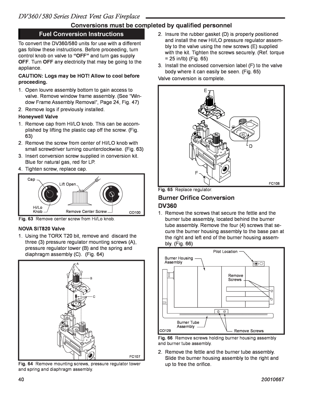 Vermont Casting Fuel Conversion Instructions, DV360/580 Series Direct Vent Gas Fireplace, Honeywell Valve, 20010667 